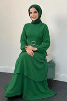 Tesettür giyim YEŞİL KEMERLİ KATLI ELBİSE T 3821