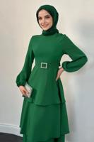 Tesettür giyim YEŞİL KEMERLİ KATLI ELBİSE T 3821