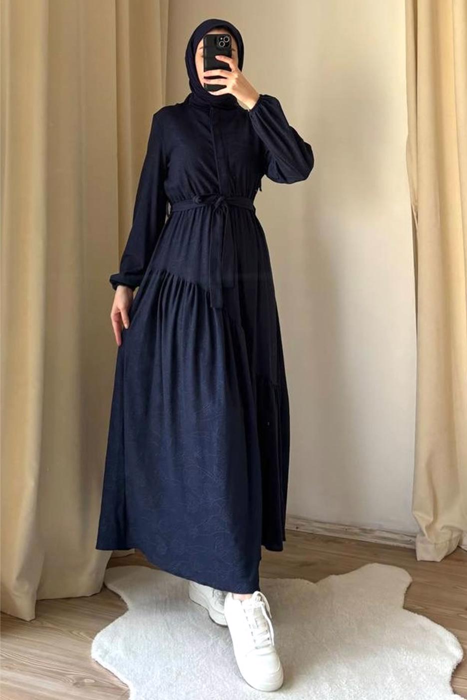 Vêtements hijab BLEU MARINE ROBE CEINTURE T 3906