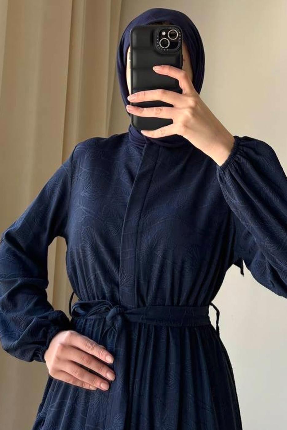 Vêtements hijab BLEU MARINE ROBE CEINTURE T 3906