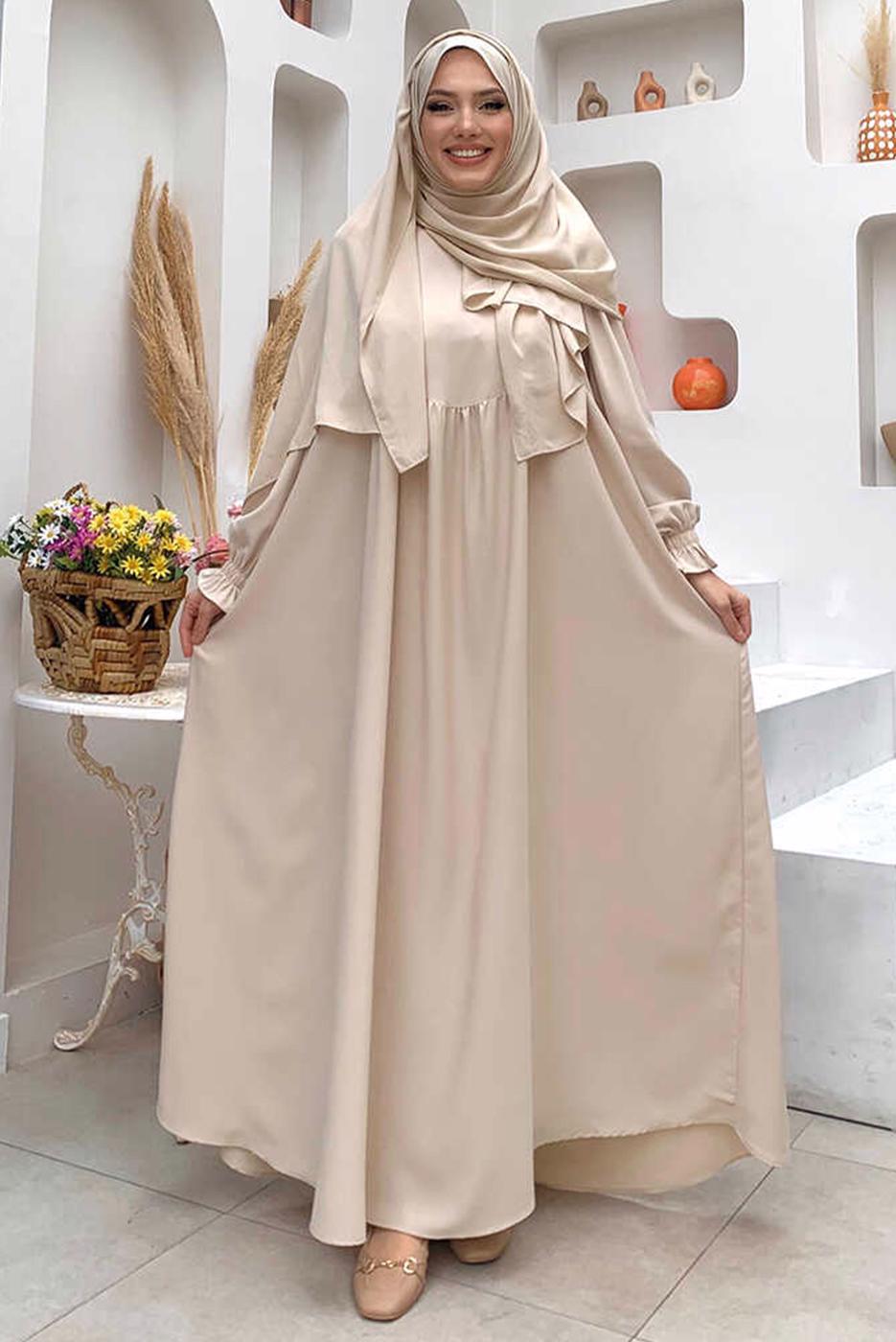 Tesettür giyim BEJ SALAŞ ELBİSE T 4006