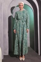 Tesettür giyim MAVİ ZEBRA DESENLİ KUŞAKLI ELBİSE T 4095