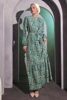 Tesettür giyim MAVİ ZEBRA DESENLİ KUŞAKLI ELBİSE T 4095