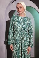 Tesettür giyim MAVİ ZEBRA DESENLİ KUŞAKLI ELBİSE T 4095