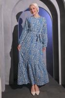 Tesettür giyim LACİVERT ZEBRA DESENLİ KUŞAKLI ELBİSE T 4095