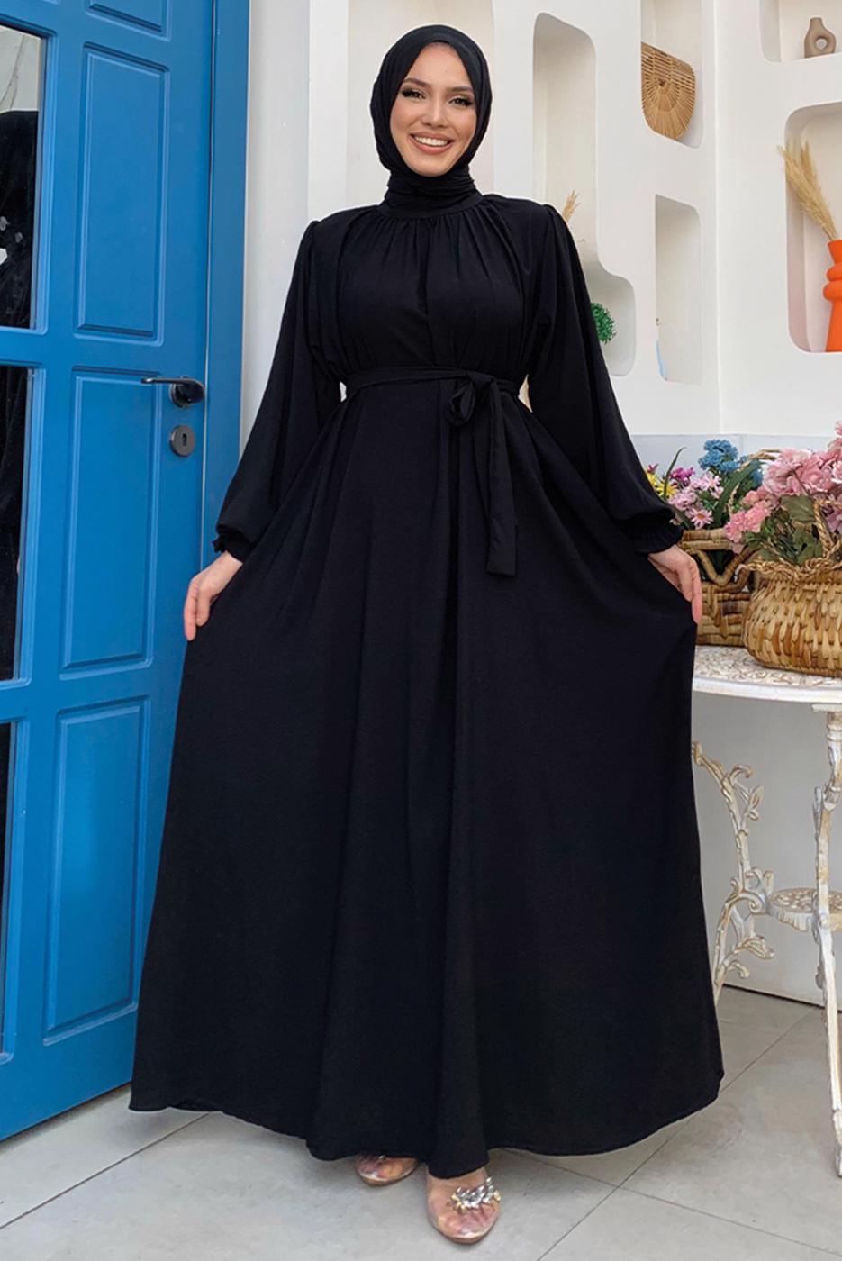 Tesettür giyim SİYAH KUŞAKLI ELBİSE T 4106
