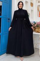 Tesettür giyim SİYAH KUŞAKLI ELBİSE T 4106