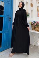 Tesettür giyim SİYAH KUŞAKLI ELBİSE T 4106