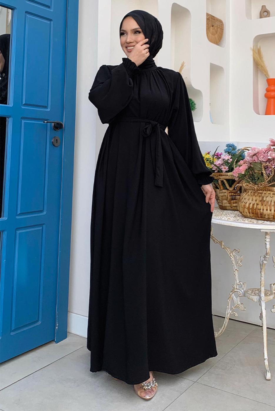 Tesettür giyim SİYAH KUŞAKLI ELBİSE T 4106