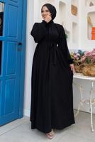 Tesettür giyim SİYAH KUŞAKLI ELBİSE T 4106