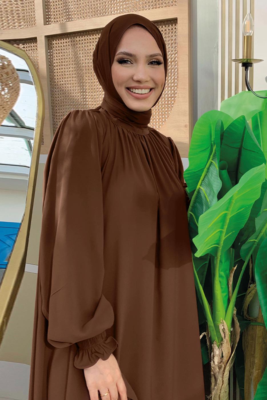 Tesettür giyim KAHVE KUŞAKLI ELBİSE T 4106