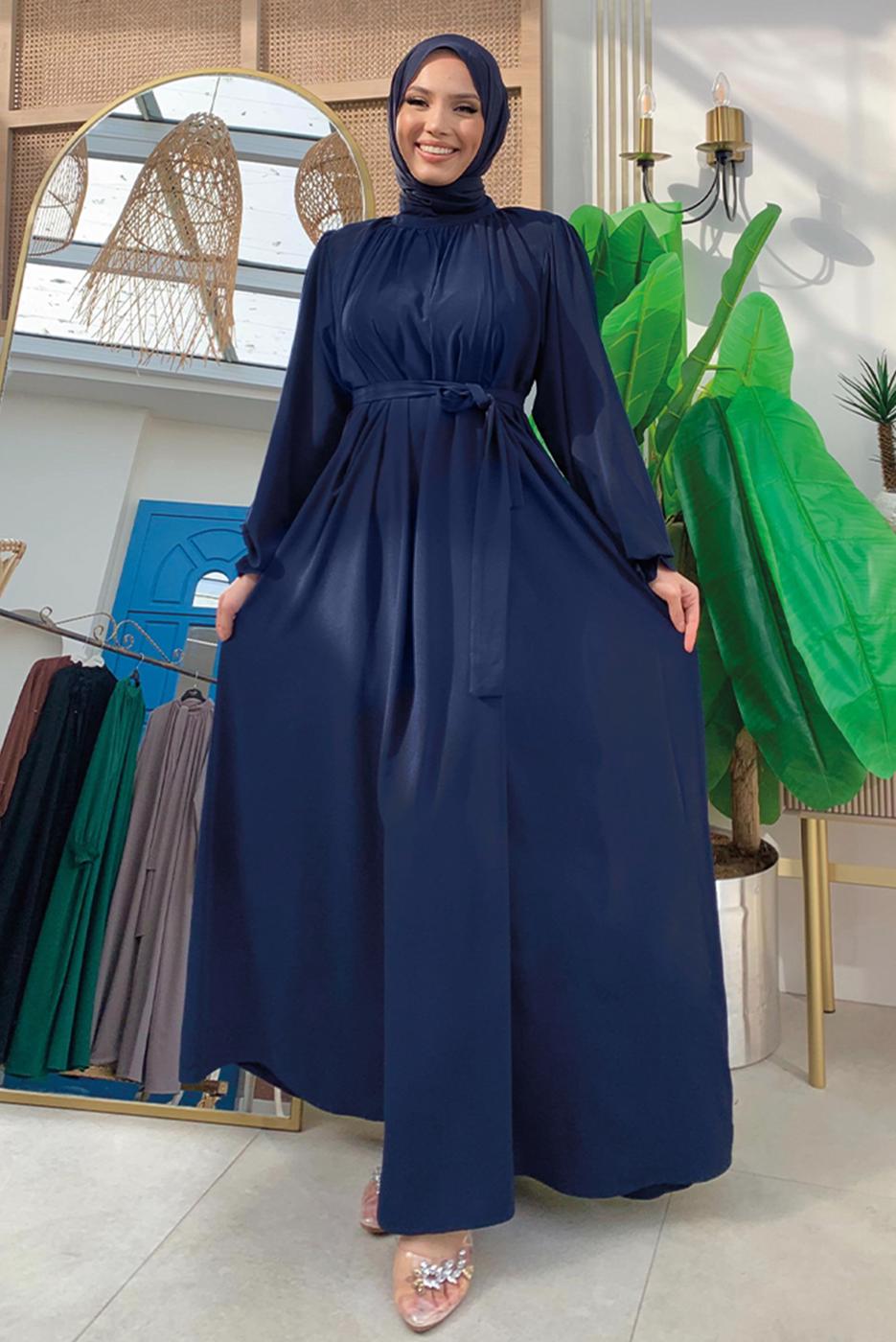 Tesettür giyim LACİVERT KUŞAKLI ELBİSE T 4106