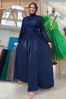Tesettür giyim LACİVERT KUŞAKLI ELBİSE T 4106