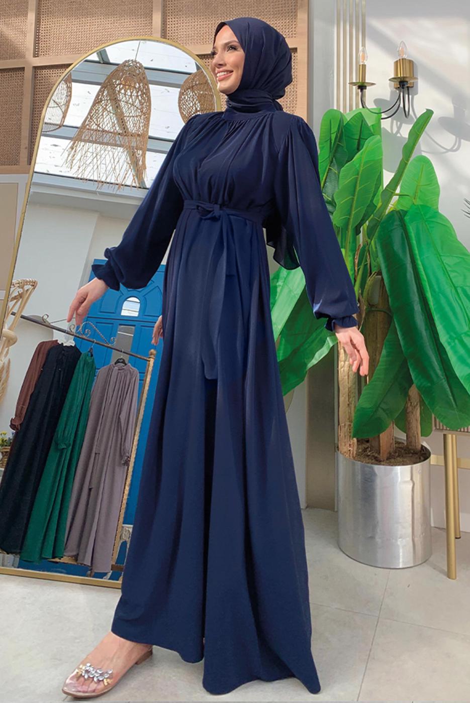 Tesettür giyim LACİVERT KUŞAKLI ELBİSE T 4106