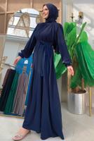 Tesettür giyim LACİVERT KUŞAKLI ELBİSE T 4106