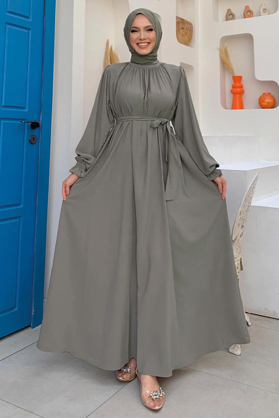 Tesettür giyim VİZON KUŞAKLI ELBİSE T 4106