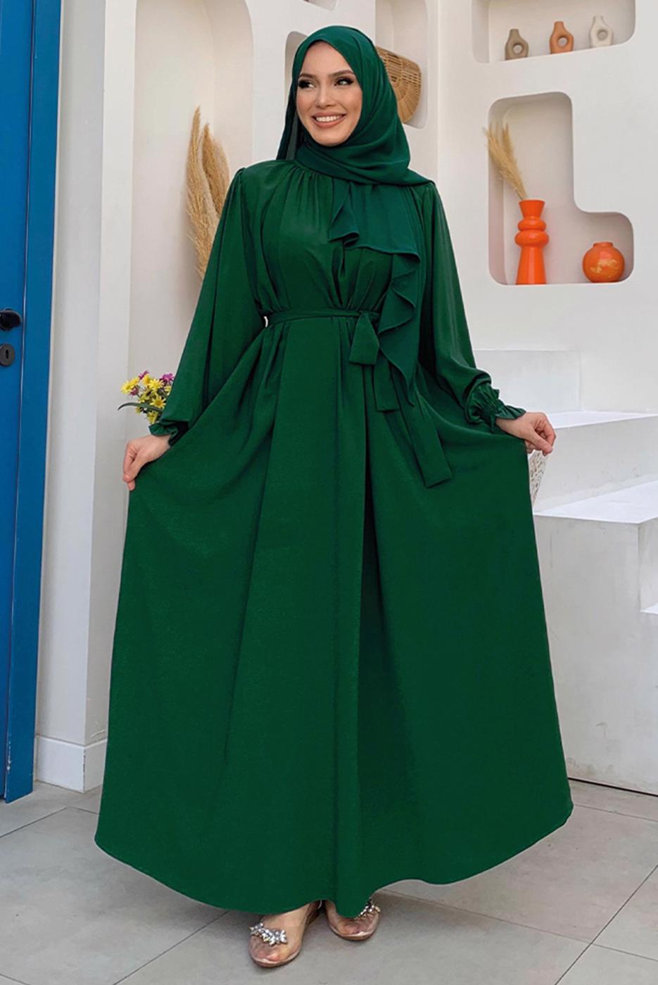Tesettür giyim YEŞİL KUŞAKLI ELBİSE T 4106