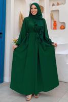 Tesettür giyim YEŞİL KUŞAKLI ELBİSE T 4106