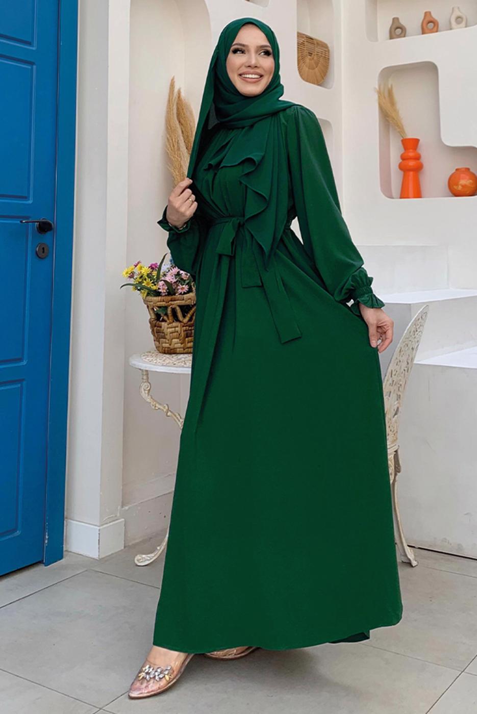 Tesettür giyim YEŞİL KUŞAKLI ELBİSE T 4106