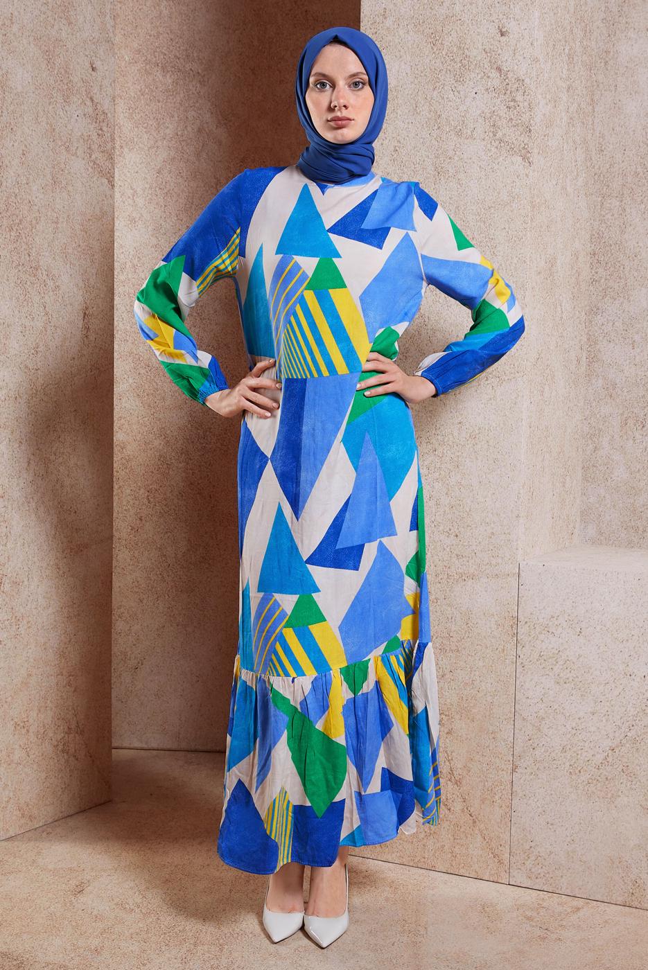 Tesettür giyim MAVİ DESENLİ VİSKON TESETTÜR ELBİSE T 4128