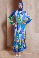 Tesettür giyim MAVİ DESENLİ VİSKON TESETTÜR ELBİSE T 4128