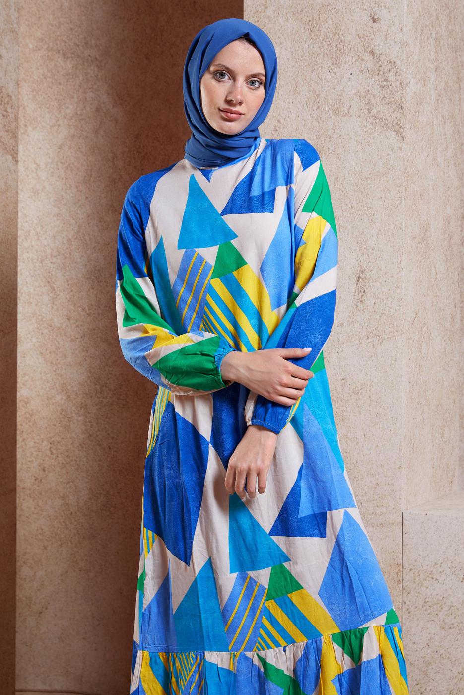 Tesettür giyim MAVİ DESENLİ VİSKON TESETTÜR ELBİSE T 4128