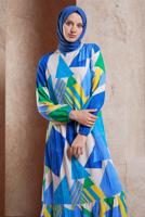 Tesettür giyim MAVİ DESENLİ VİSKON TESETTÜR ELBİSE T 4128