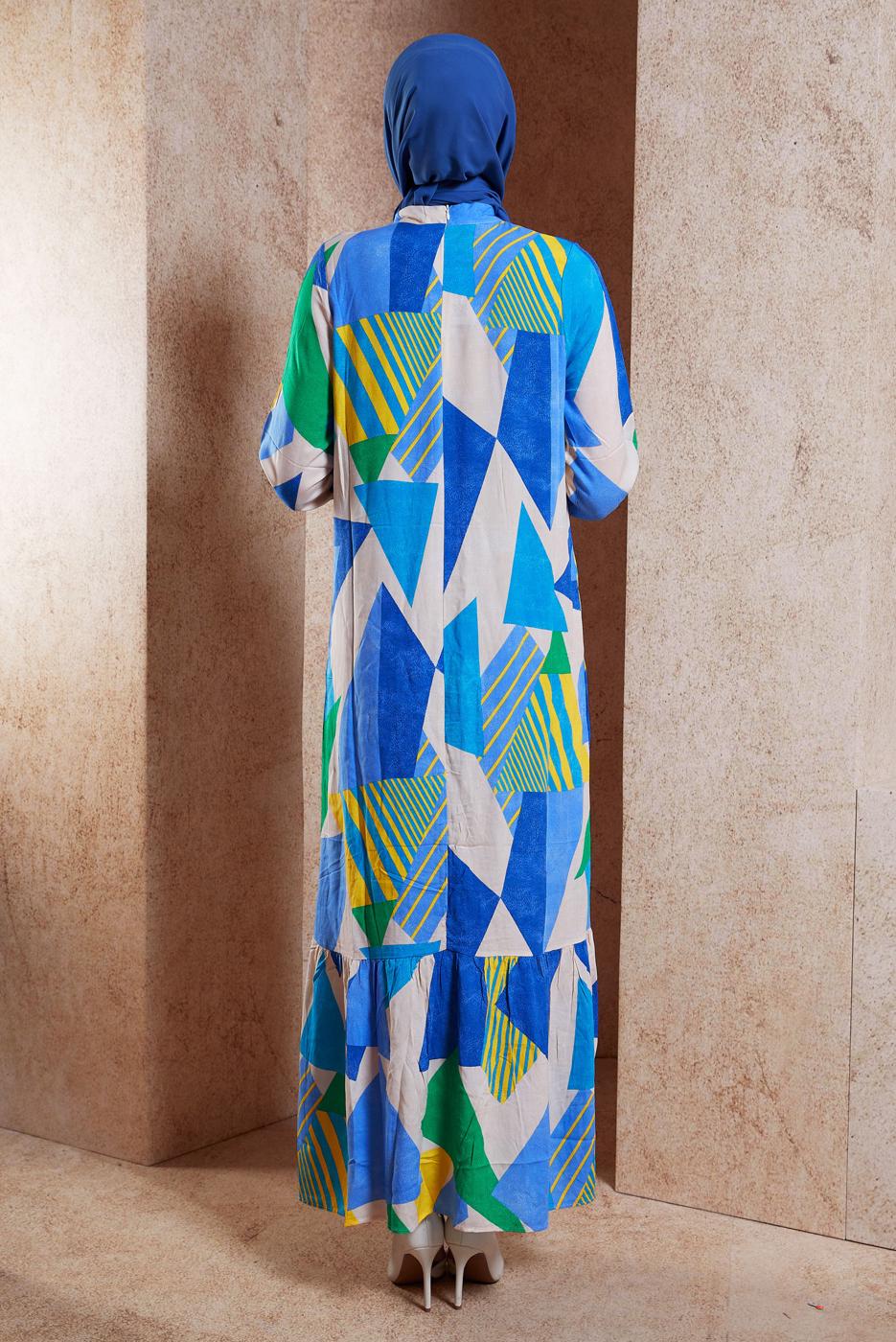 Tesettür giyim MAVİ DESENLİ VİSKON TESETTÜR ELBİSE T 4128