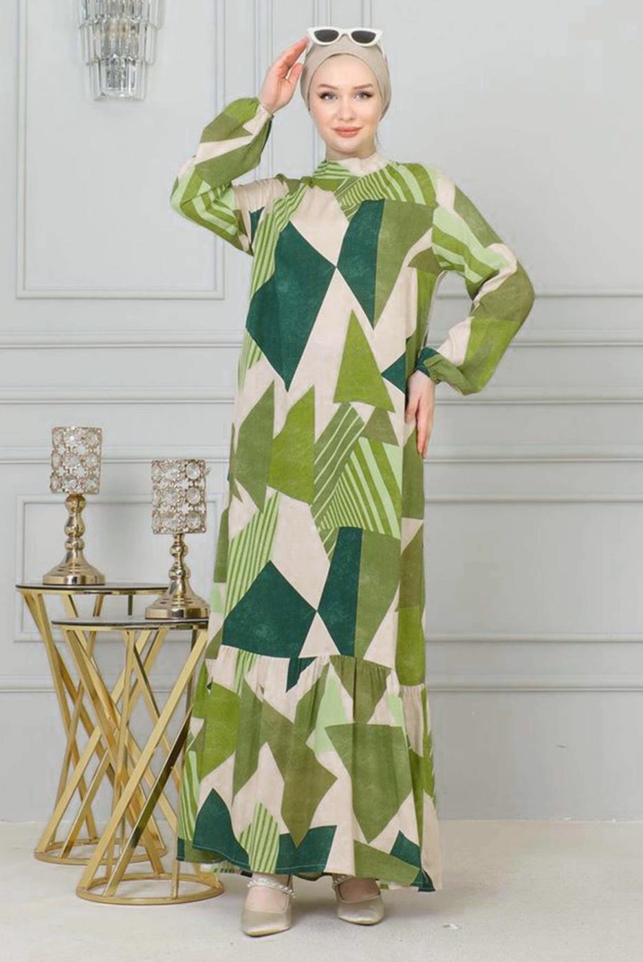 Tesettür giyim YEŞİL DESENLİ VİSKON TESETTÜR ELBİSE T 4128
