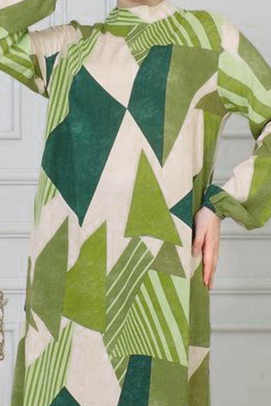 Tesettür giyim YEŞİL DESENLİ VİSKON TESETTÜR ELBİSE T 4128