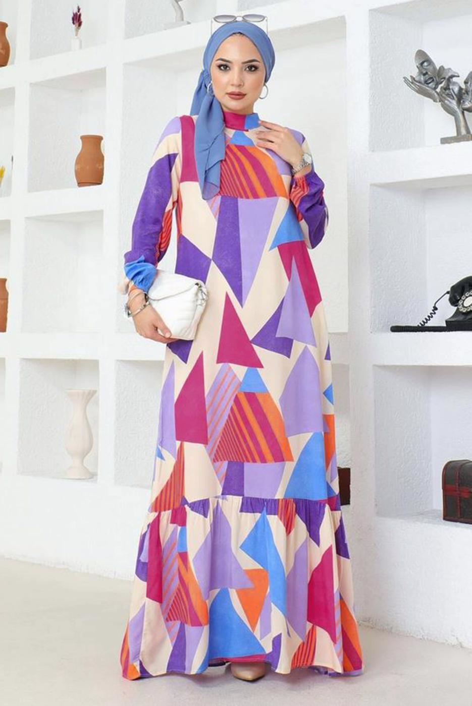 Tesettür giyim MOR DESENLİ VİSKON TESETTÜR ELBİSE T 4128