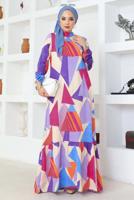 Tesettür giyim MOR DESENLİ VİSKON TESETTÜR ELBİSE T 4128