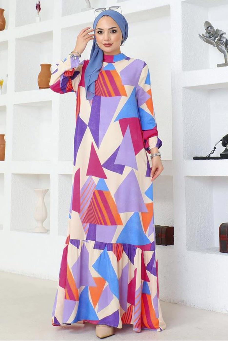 Tesettür giyim MOR DESENLİ VİSKON TESETTÜR ELBİSE T 4128