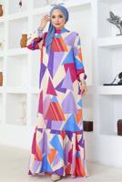 Tesettür giyim MOR DESENLİ VİSKON TESETTÜR ELBİSE T 4128