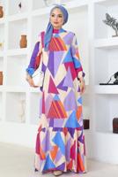 Tesettür giyim MOR DESENLİ VİSKON TESETTÜR ELBİSE T 4128