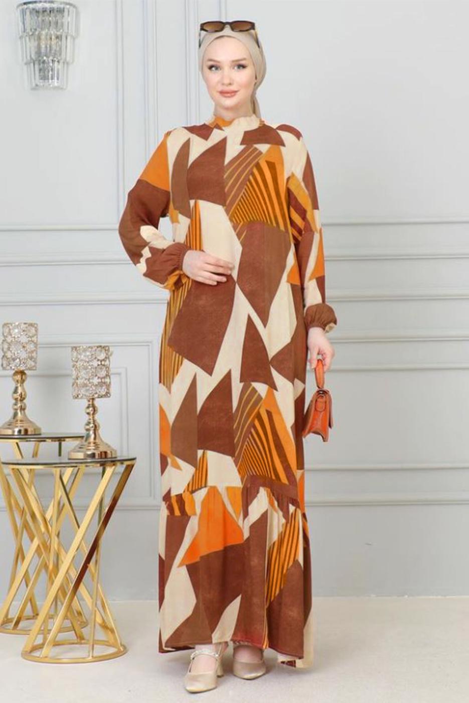 Tesettür giyim KAHVE DESENLİ VİSKON TESETTÜR ELBİSE T 4128