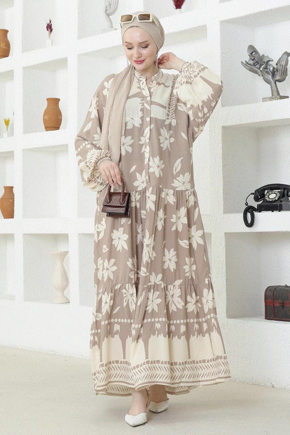 Tesettür giyim VİZON DESENLİ VİSKON ELBİSE T 4153