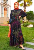 Tesettür giyim SİYAH DESENLİ VİSKON ELBİSE T 4320