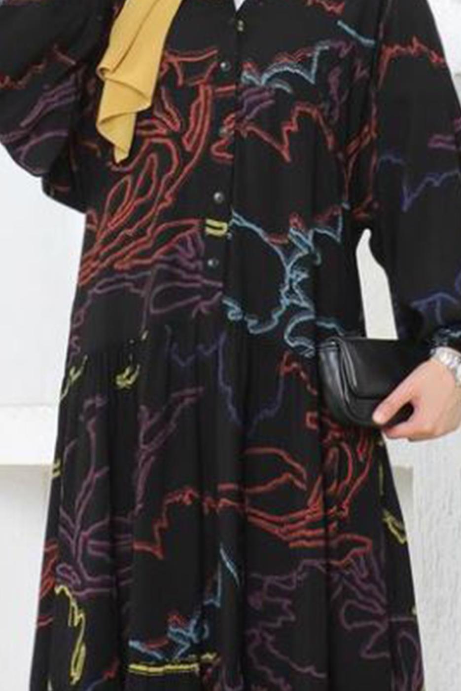 Tesettür giyim SİYAH DÜĞMELİ VİSKON TESETTÜR ELBİSE T 4325