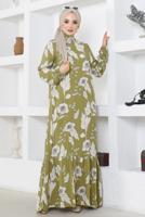 Tesettür giyim YEŞİL ÇİÇEK DESENLİ VİSKON ELBİSE T 4401