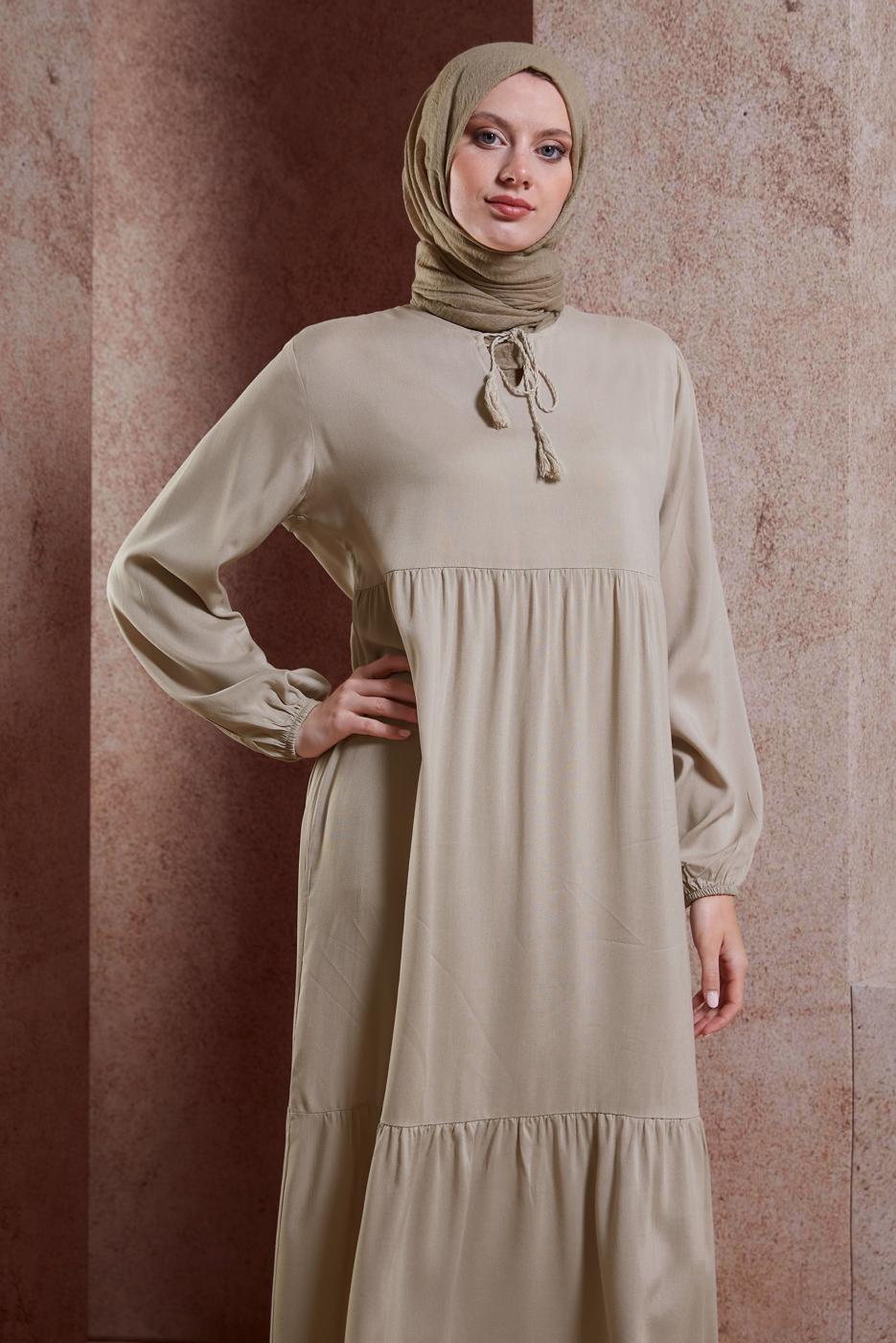 Tesettür giyim BEJ SALAŞ TESETTÜR ELBİSE T 4531