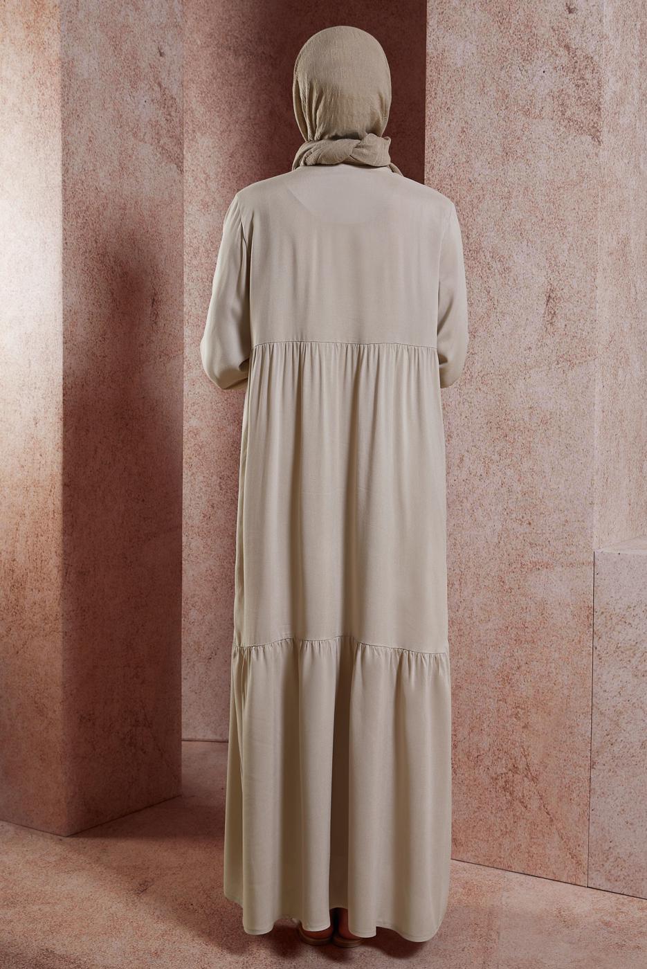 Tesettür giyim BEJ SALAŞ TESETTÜR ELBİSE T 4531