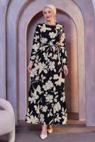 Tesettür giyim KREM KUŞAKLI ÇİÇEK DESENLİ ELBİSE T 4593