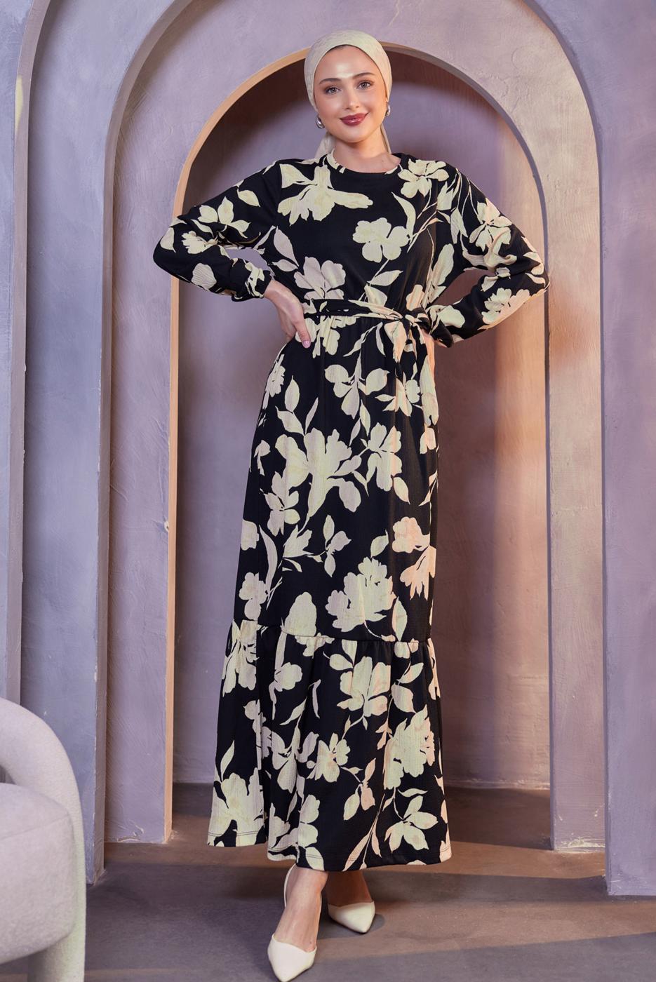 Tesettür giyim KREM KUŞAKLI ÇİÇEK DESENLİ ELBİSE T 4593