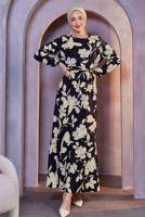 Tesettür giyim KREM KUŞAKLI ÇİÇEK DESENLİ ELBİSE T 4593