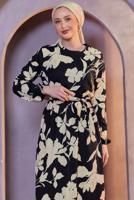 Tesettür giyim KREM KUŞAKLI ÇİÇEK DESENLİ ELBİSE T 4593