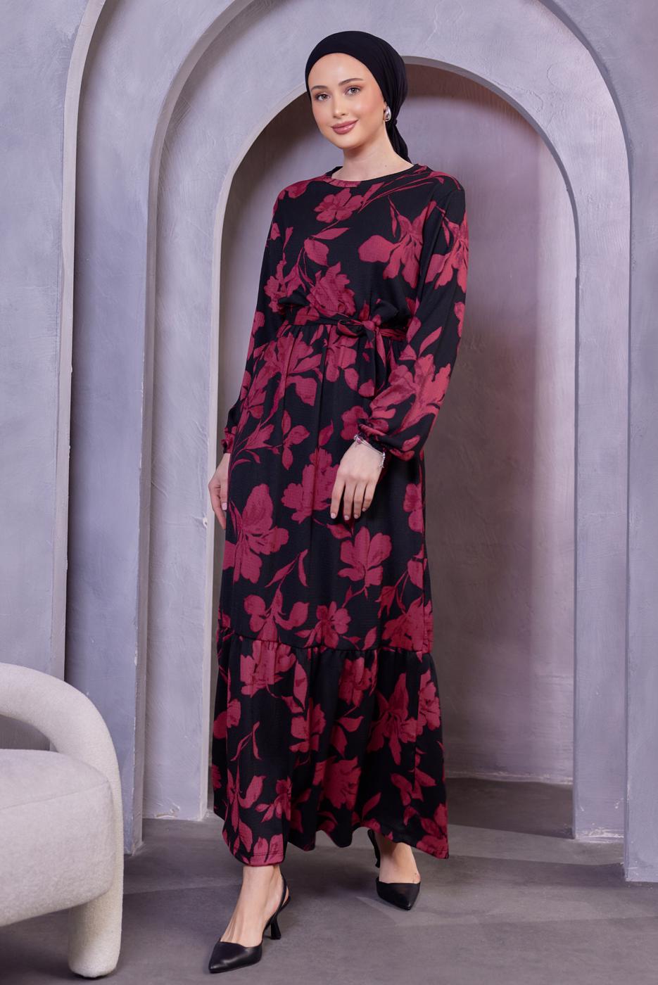 Tesettür giyim FUŞYA KUŞAKLI ÇİÇEK DESENLİ ELBİSE T 4593