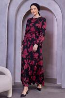 Tesettür giyim FUŞYA KUŞAKLI ÇİÇEK DESENLİ ELBİSE T 4593