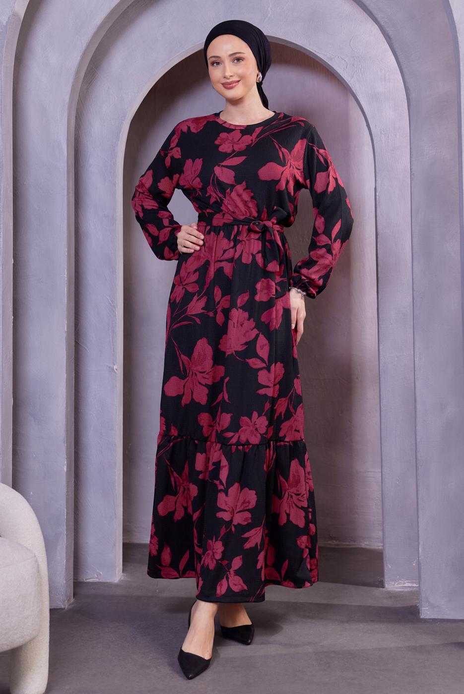 Tesettür giyim FUŞYA KUŞAKLI ÇİÇEK DESENLİ ELBİSE T 4593