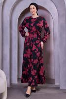 Tesettür giyim FUŞYA KUŞAKLI ÇİÇEK DESENLİ ELBİSE T 4593